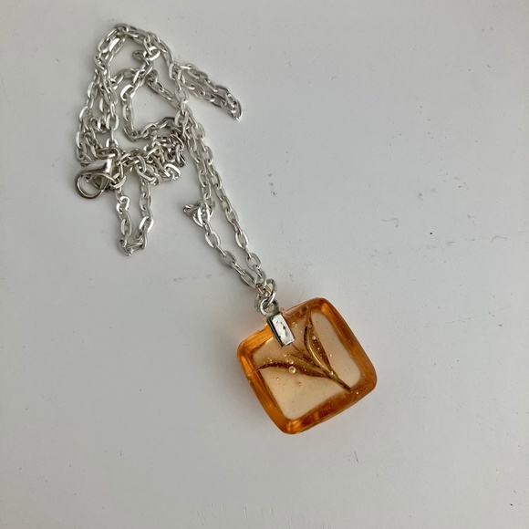 Botanical Lemon Verbena Resin Pendant Necklace on Silver Tone Chain - Picture 6 of 6